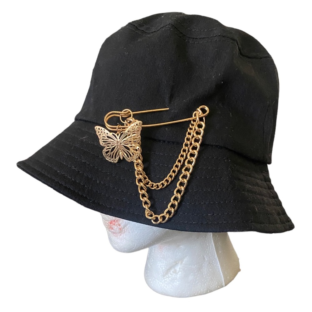 NWOT black bucket hat with gold details